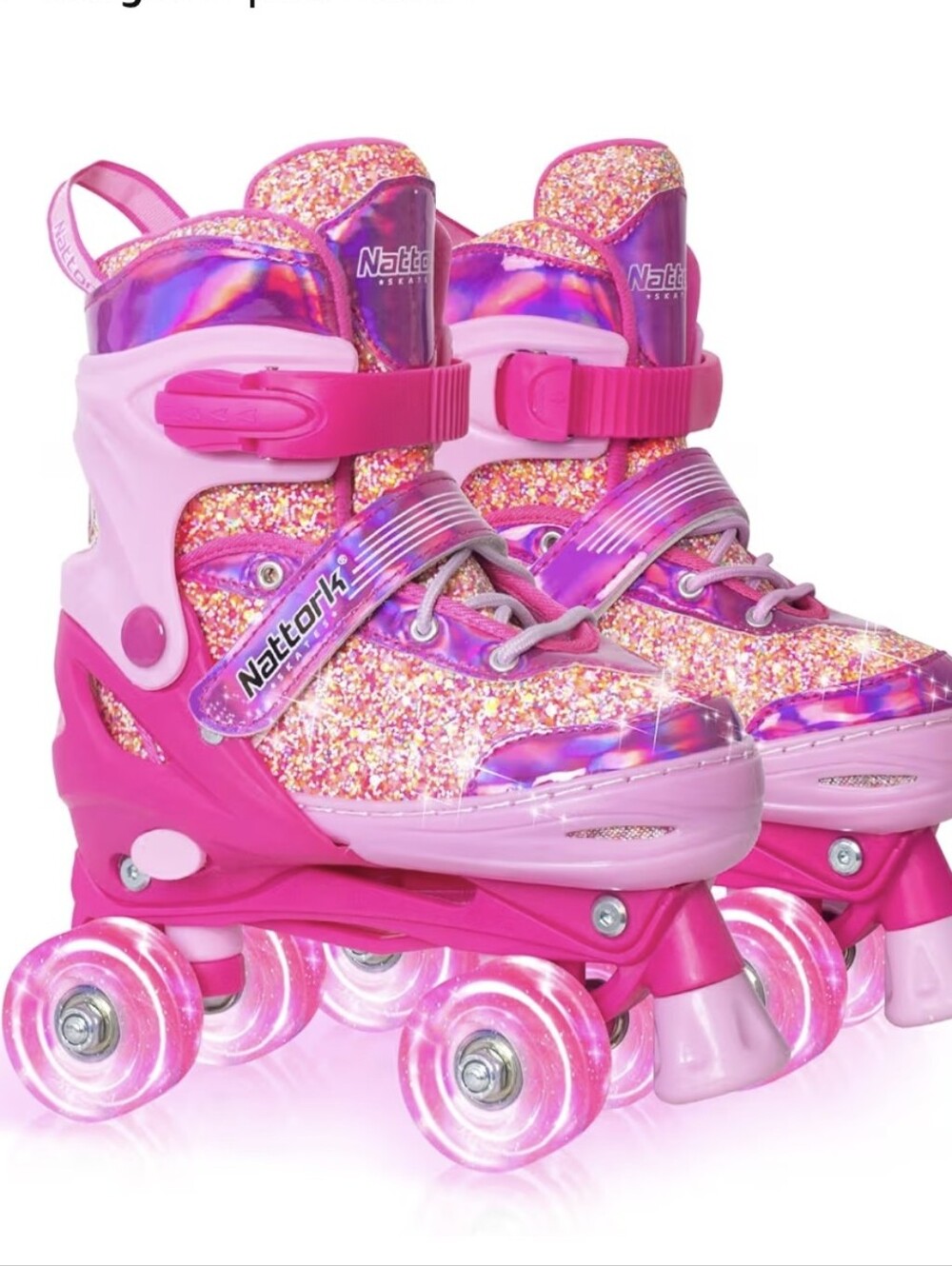 NATTORK Pink Glitter Kids Adjustable Quad Roller Skates